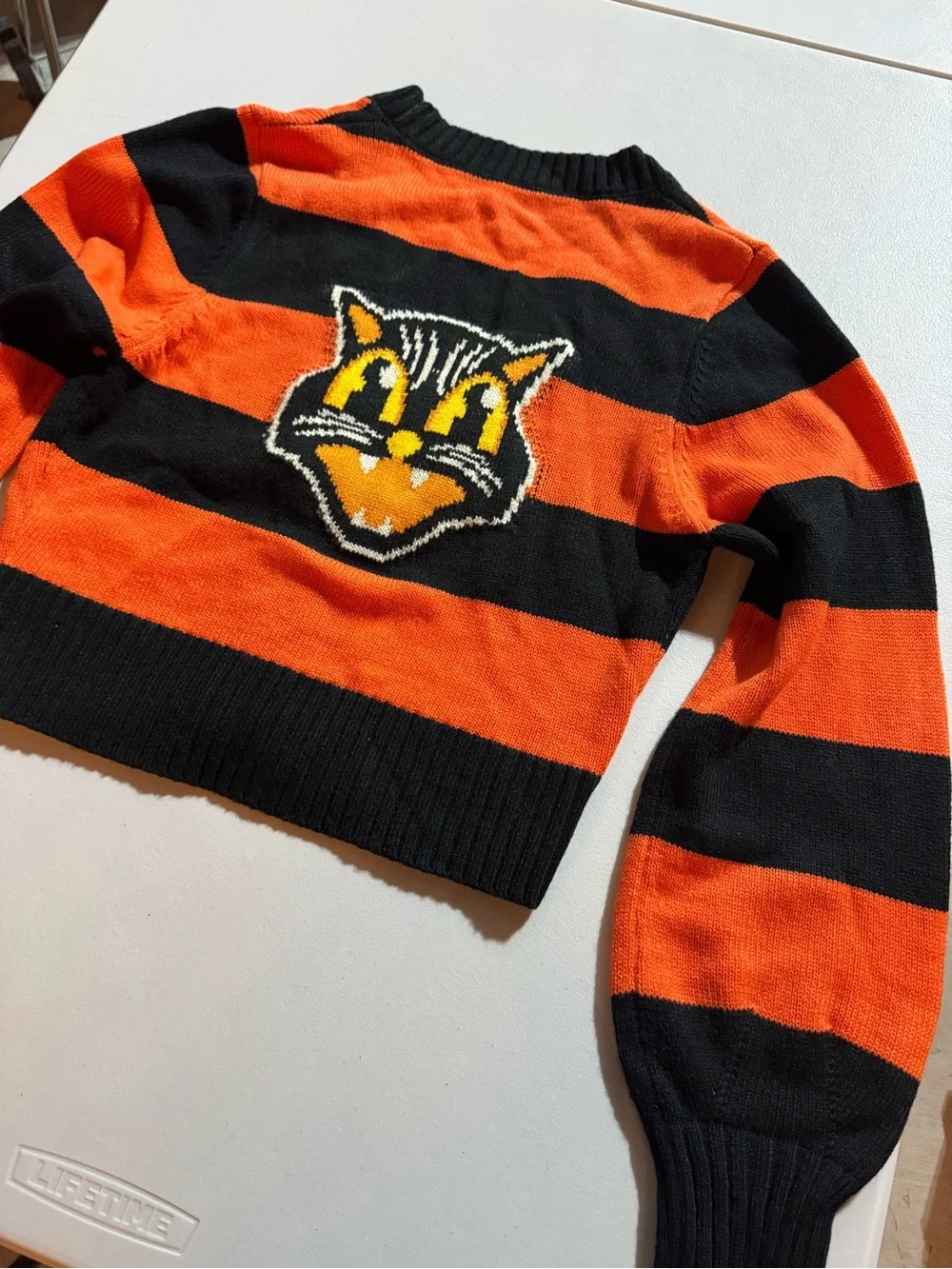 Orange/Black Striped Knit V-Neck Button-Front Embroidered Cat Cardigan S